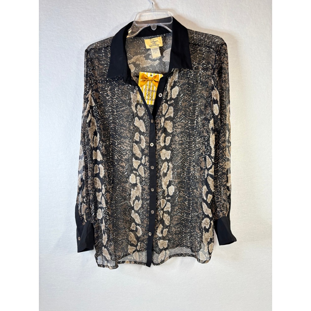 Stevie & Lindsay Women 2X Snakeskin Print Sheer Button Down Blouse Black Tan NWT